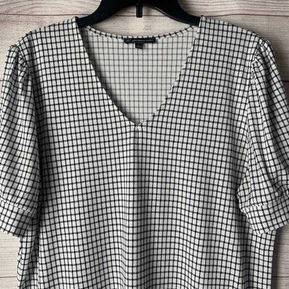 Adrianna Papell Black and White Check Blouse Puff Sleeves V Neckline Size Large - Picture 2 of 11